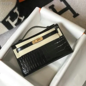 Design Kelly Pochette Bag In Black Embossed Crocodile Leather - Dubai Fashion LUX
