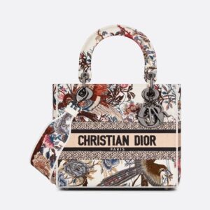 Design MEDIUM LADY D-LITE BAG Ecru Multicolor Jardin d'Hiver Embroidery - Dubai Fashion LUX