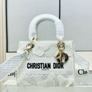 Design MEDIUM LADY D-LITE BAG White D-Lace Butterfly Embroidery with Macramé Effect - Dubai Fashion LUX