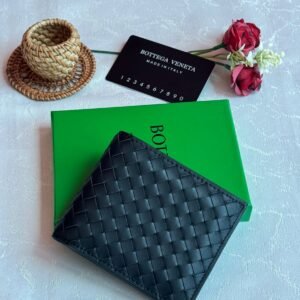Bottega Veneta Bi-fold Black Intrecciato Leather Wallet - Dubai Luxury Items