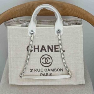 Buy Chanel Deauville Tote Ecru White Canvas Medium | Dubai Luxury Items