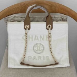 Buy Chanel Deauville Tote Medium Ecru Beige Pearl Embellished | Dubai Luxury Items