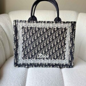 Buy Dior Medium Book Tote Blue Oblique With White Lace Frame