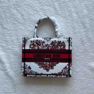 Buy Dior Red And White Heart Embroidery Small Book Tote Bag