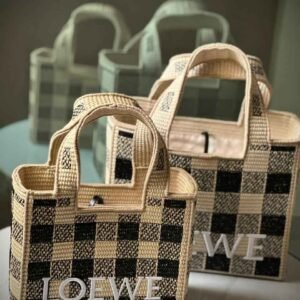 Buy Loewe Font Beige Black Checkerboard Raffia Tote Bag