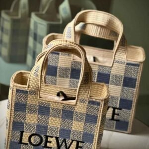 Buy Loewe Font Natural & Light Blue Gingham Raffia Tote Bag