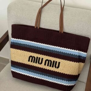 Buy Miu Miu Raffia Effect Woven Tote Bag In Beige, Brown And Blue Stripes