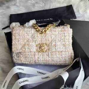 Chanel 19 Medium Beige And White Tweed Quilted Leather Flap Shoulder Bag - Dubai Luxury Items