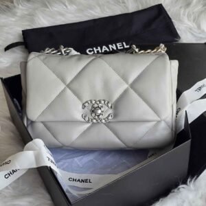 CHANEL 19 Medium Grey Quilted Lambskin Leather Flap Shoulder Bag - Dubai Luxury Items