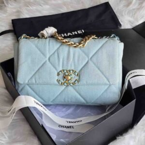 CHANEL 19 Medium Light Blue Quilted Lambskin Leather Flap Shoulder Bag - Dubai Luxury Items