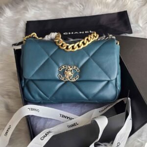 CHANEL 19 Medium Turquoise Blue Quilted Lambskin Leather Flap Shoulder Bag - Dubai Luxury Items