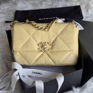 CHANEL 19 Medium Yellow Quilted Lambskin Leather Flap Shoulder Bag - Dubai Luxury Items