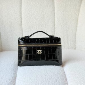 Chanel Black Top Handle Slim Vanity Calfskin Crocodile Embossed