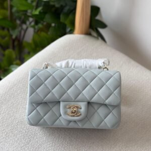 Chanel Classic Mini Flap Bag 20CM Baby Blue Lambskin Leather Gold Hardware - Dubai Luxury Items