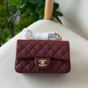 Chanel Classic Mini Flap Bag 20CM Burgundy Quilted Caviar Leather Gold Hardware - Dubai Luxury Items