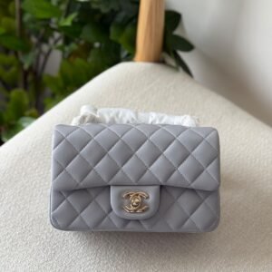 Chanel Classic Mini Flap Bag 20CM Light Grey Lambskin Leather Gold Hardware - Dubai Luxury Items