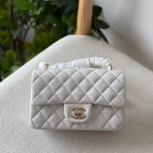 Chanel Classic Mini Flap Bag 20CM Whtie Lambskin Leather Gold Hardware - Dubai Luxury Items