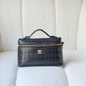 Chanel Dark Grey Top Handle Slim Vanity Calfskin Crocodile Embossed