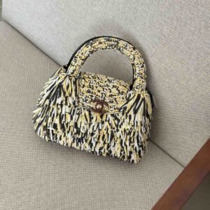 Chanel Kelly Raffia Fringe Top Handle Bag Yellow Black White