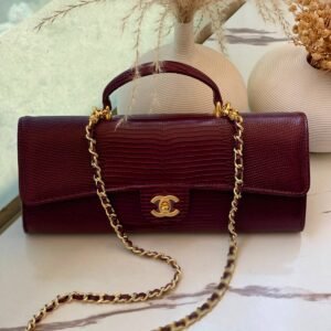 Chanel Long Top Handle Clutch with Chain Dark Burgundy Lizard Embossed Calfskin