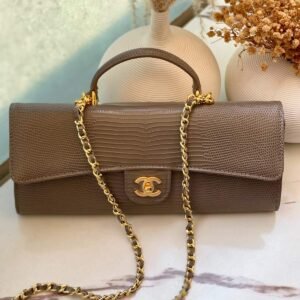 Chanel Long Top Handle Clutch with Chain Dark Khaki Lizard Embossed Calfskin