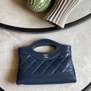 Chanel Nano 31 Navy Blue Quilted Shiny Lambskin Leather Bag With Chain - Dubai Luxury Items