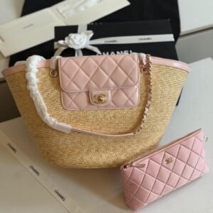 Chanel Pink Large Tote Braided Straw Lambskin Gold Tone Metal