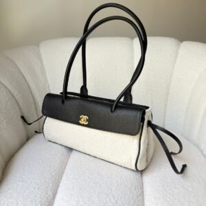 Chanel Small Urban Essential East-West Tote Bag Black Calfskin & White Boucle Tweed