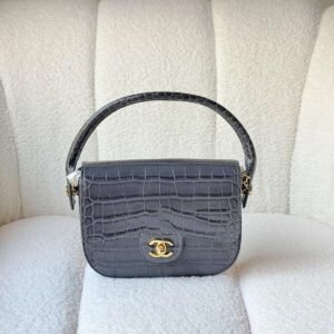 Chanel Turn Around Mini Flap Dark Grey Crocodile Embossed Leather Bag