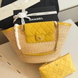 Chanel Yellow Large Tote Braided Straw Lambskin Gold Tone Metal