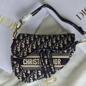 Christian Dior Medium Saddle Bag Blue Oblique Embroidery - Dubai Luxury Items