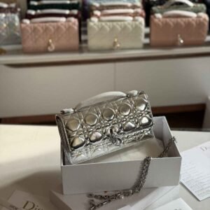 Dior My Dior Silver Metallic Cannage Lambskin Mini Bag - Dubai Luxury Items