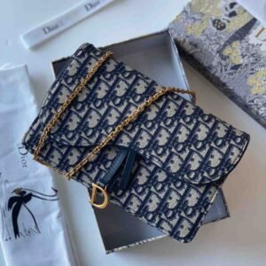 Dior Small Saddle Blue Dior Oblique Jacquard Pouch With Chain - Dubai Luxury Items