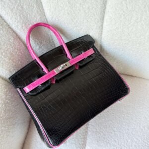 Hermes Birkin 25 Rose Pourpre And Black Shiny Crocodile Leather