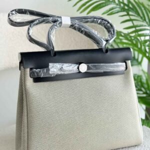 Hermes Herbag 31 Black Leather And Ecru Toile Canvas Handbag