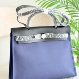 Hermes Herbag 31 Black Leather And Royal Blue Canvas Handbag