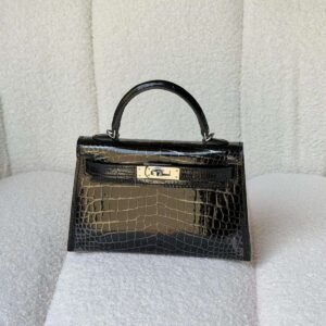 Hermes Kelly Mini Black Shiny Alligator Palladium Hardware