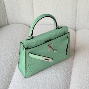 Hermes Kelly Mini Vert D'Eau Shiny Alligator Palladium Hardware