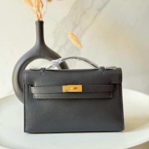 Hermes Kelly Pochette Noir Black Swift Leather Bag - Dubai Luxury Items