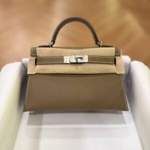 Hermes Mini Kelly 20 White Stitching Etoupe Epsom Leather SHW - Dubai Luxury Items