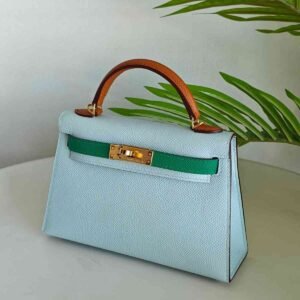 Hermes Mini Kelly Sellier 20 Bleu Brume & Vert Jade & Gold Epsom Leather Bag - Dubai Luxury Items
