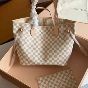 Louis Vuitton Neverfull MM Beige Damier Azur Coated Canvas Tote Bag - Dubai Luxury Items