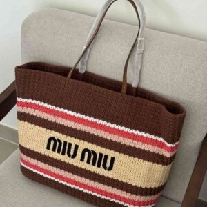 Miu Miu Raffia Effect Woven Tote Bag In Beige, Brown And Red Stripes