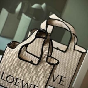 Shop Premium Loewe Font Natural & Black Raffia Tote Bag